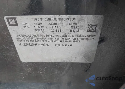 2017 Chevrolet Cruze Lt Auto z USA, uszkodzony, nr VIN 1G1BE5SM6H7189806